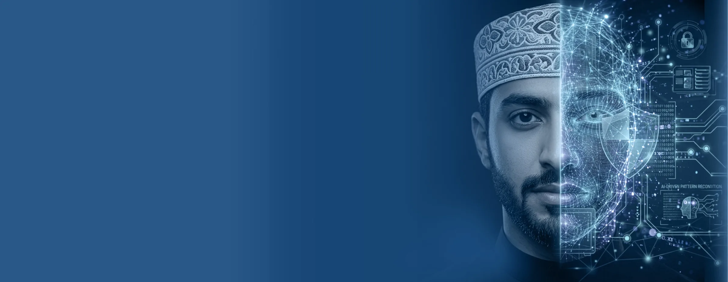 An Omani man, half portrait and half digital, shielded by security technology